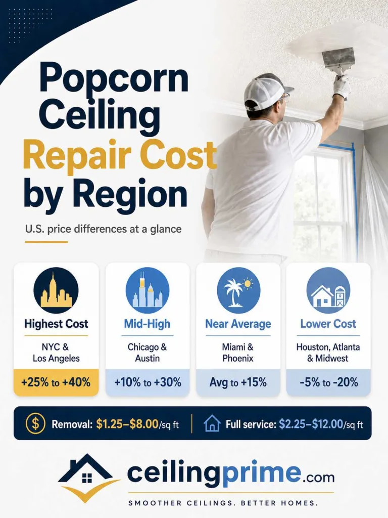Popcorn Ceiling Repair Cost by U.S. Region and Major City