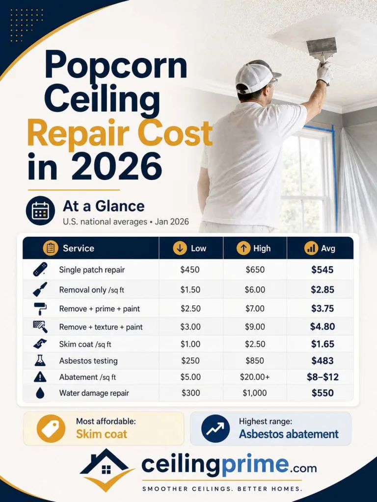 Popcorn Ceiling Repair Cost in 2026 At a Glance
