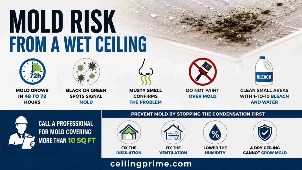 If you are asking why is my ceiling sweating, act fast to prevent mold growth.