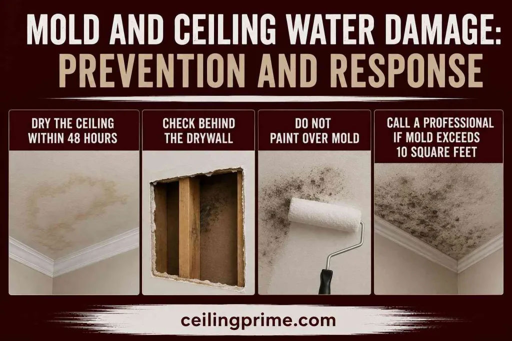 Mold growing behind water-damaged ceiling drywall and insulation