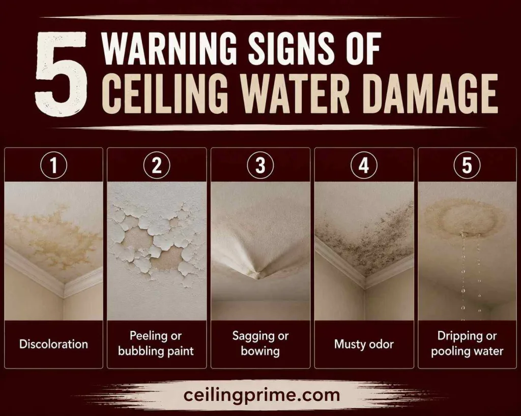 Common warning signs of ceiling water damage on drywall ceiling