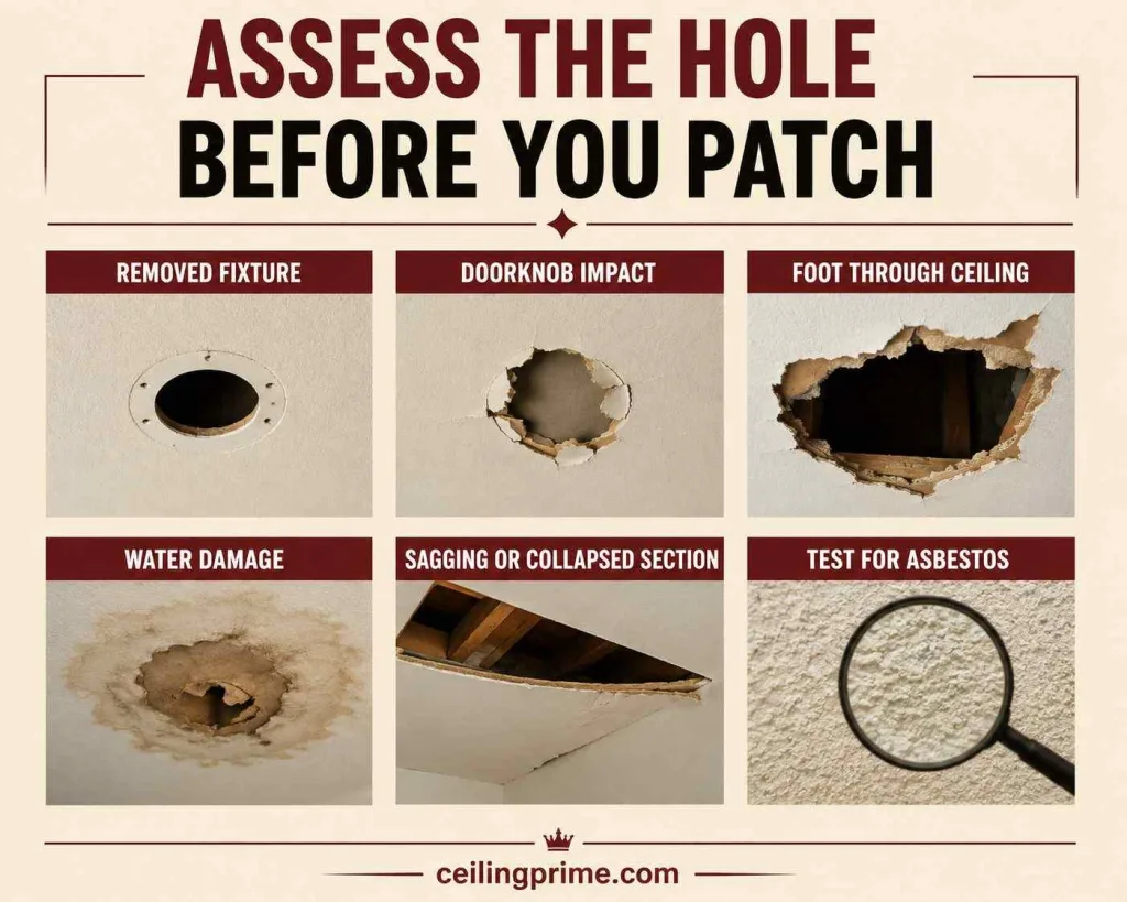 Identify damage types before learning how to patch a hole in the ceiling for best results.