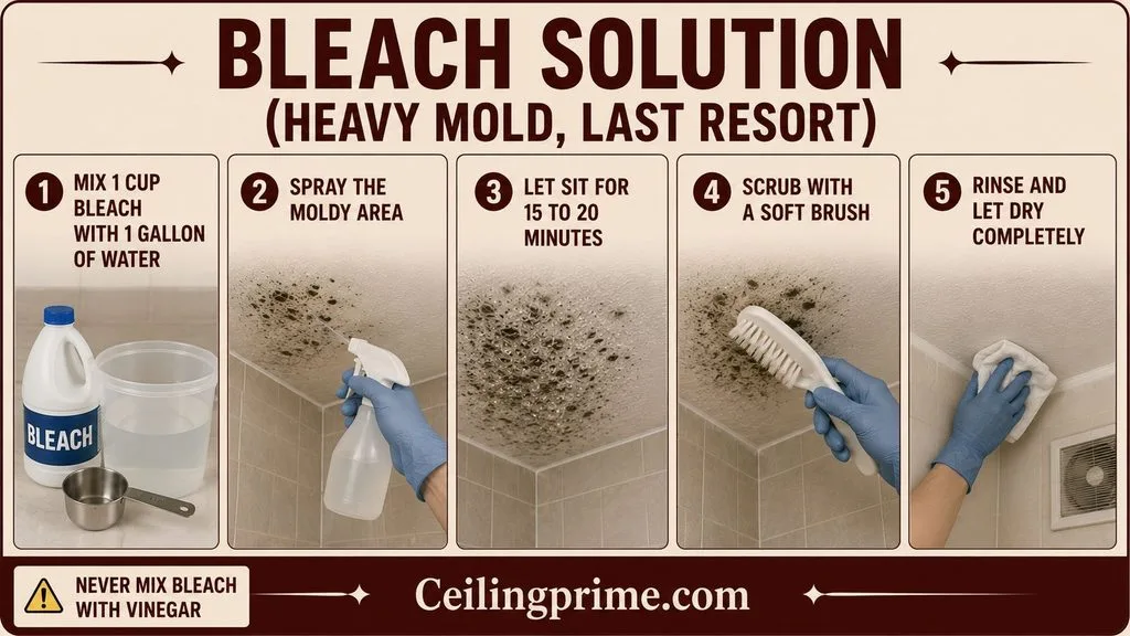 A heavy-duty guide showing how to get rid of mold on bathroom ceiling using bleach.