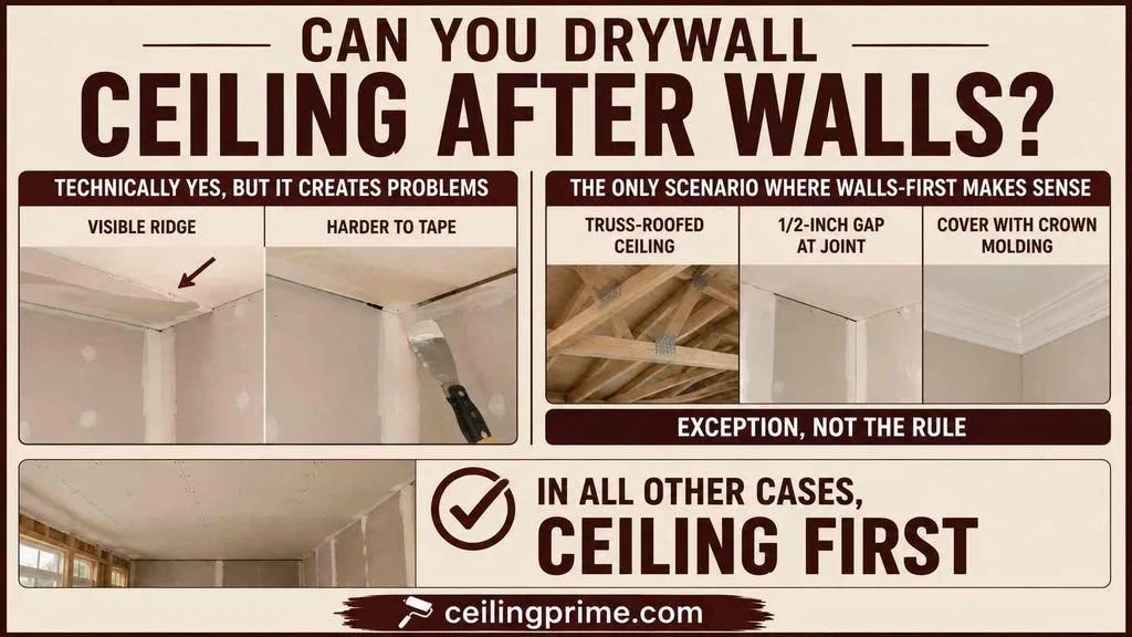Understand the main pros and cons of hanging drywall ceiling or walls first overall.