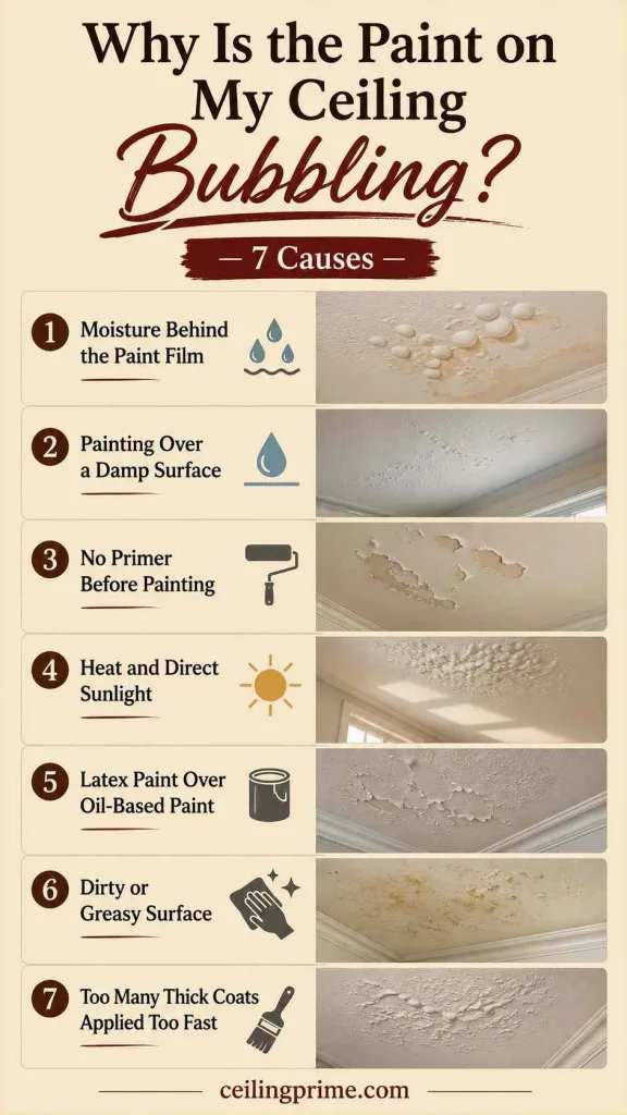 Discover seven common reasons for paint on ceiling bubbling issues.