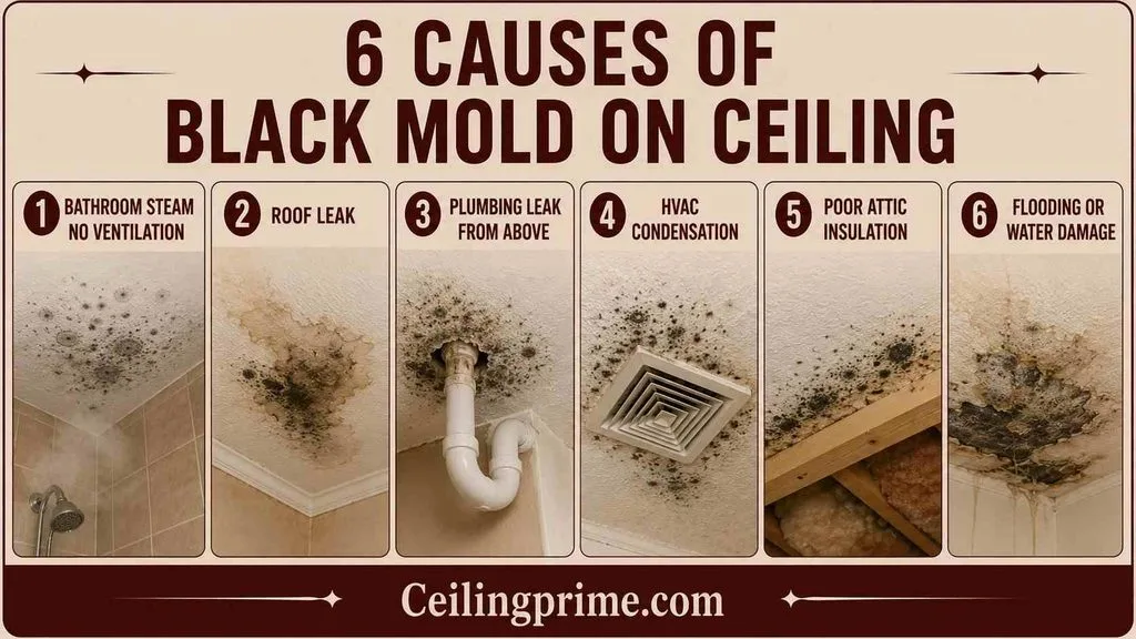 Discover six common moisture issues causing black mold on ceiling surfaces throughout your home.