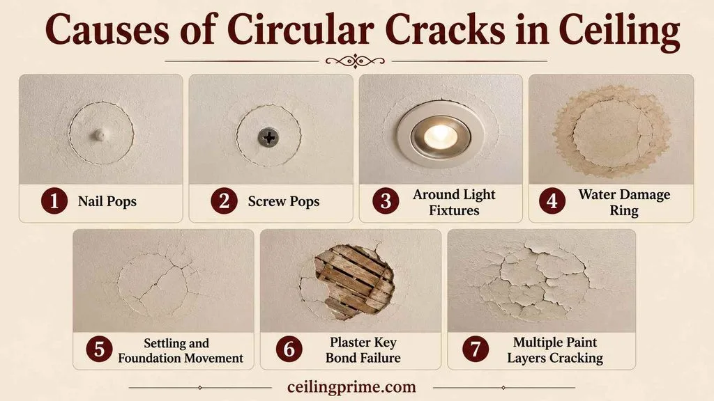 Discover common causes such as fastener pops and water damage behind circular cracks in ceiling.
