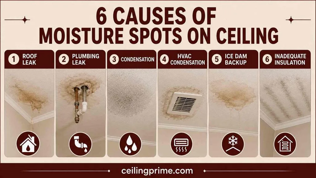 Identify six common reasons causing moisture spots on ceiling drywall.