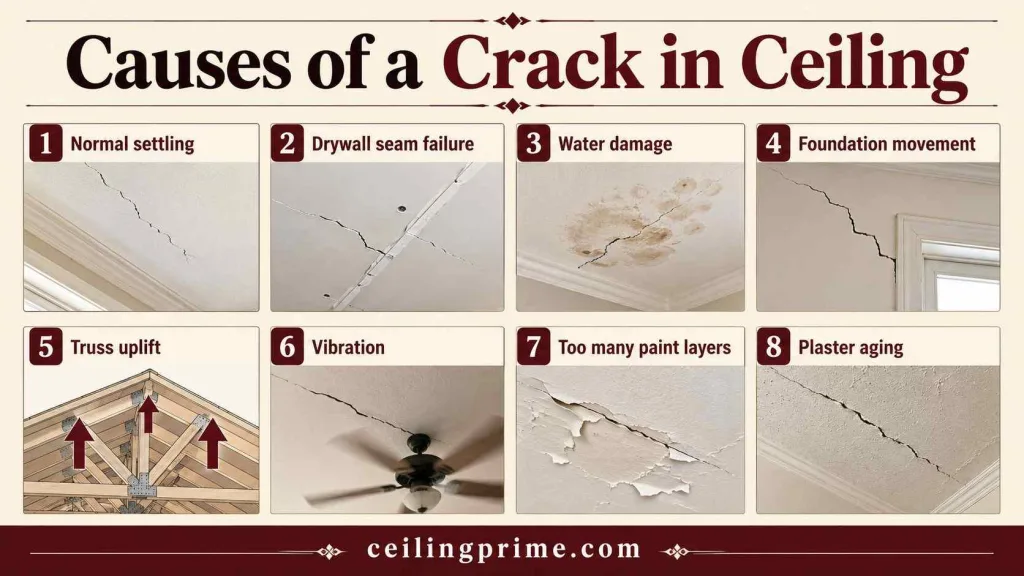 Identify eight common structural triggers driving a crack in ceiling.