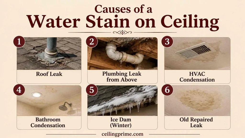 Identify root issues like roof leaks and condensation causing a water stain on ceiling boards.