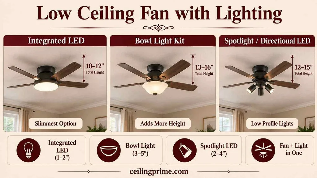 Explore integrated lighting options to find the sleekest ceiling fan for low ceiling home layouts.