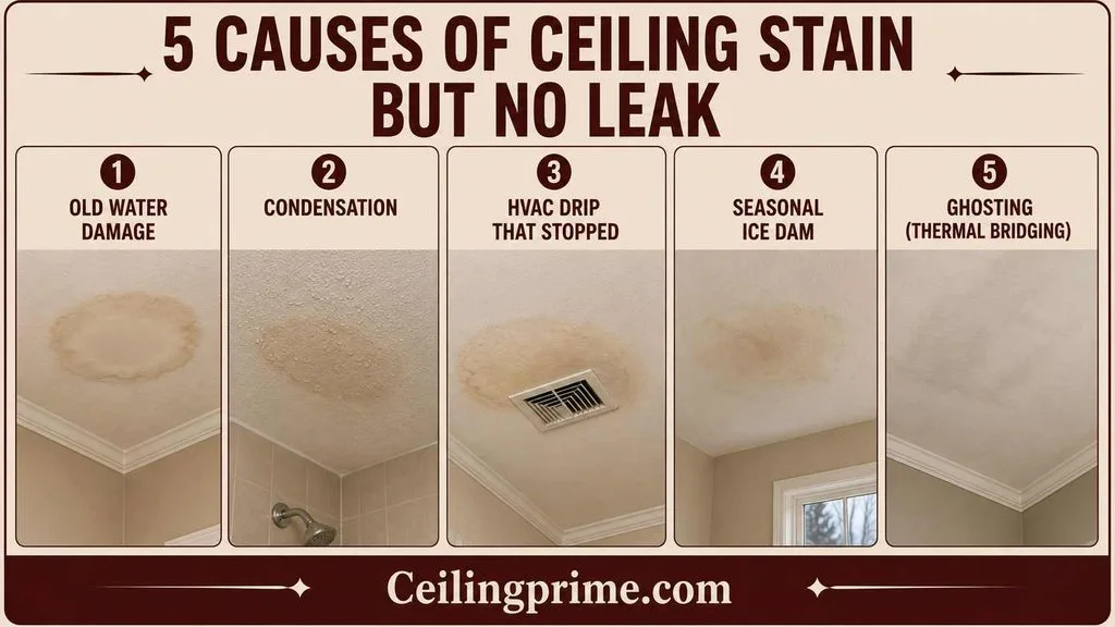 Explore common non-leak issues like condensation that leave a water stain on ceiling surfaces.