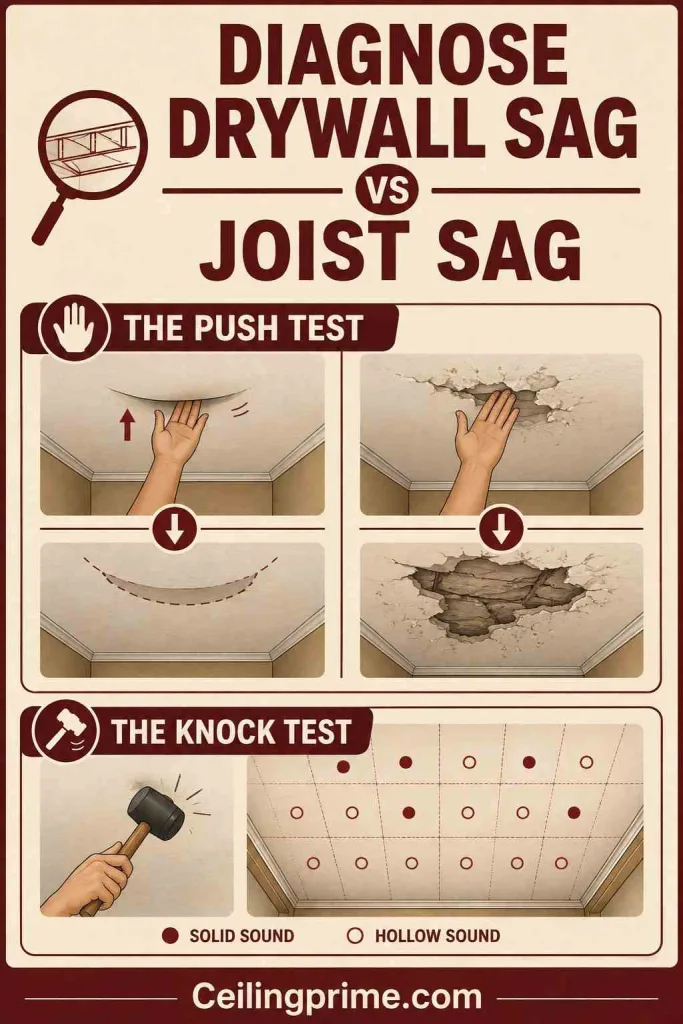 Perform simple push and knock tests to figure out how to fix a sagging ceiling.