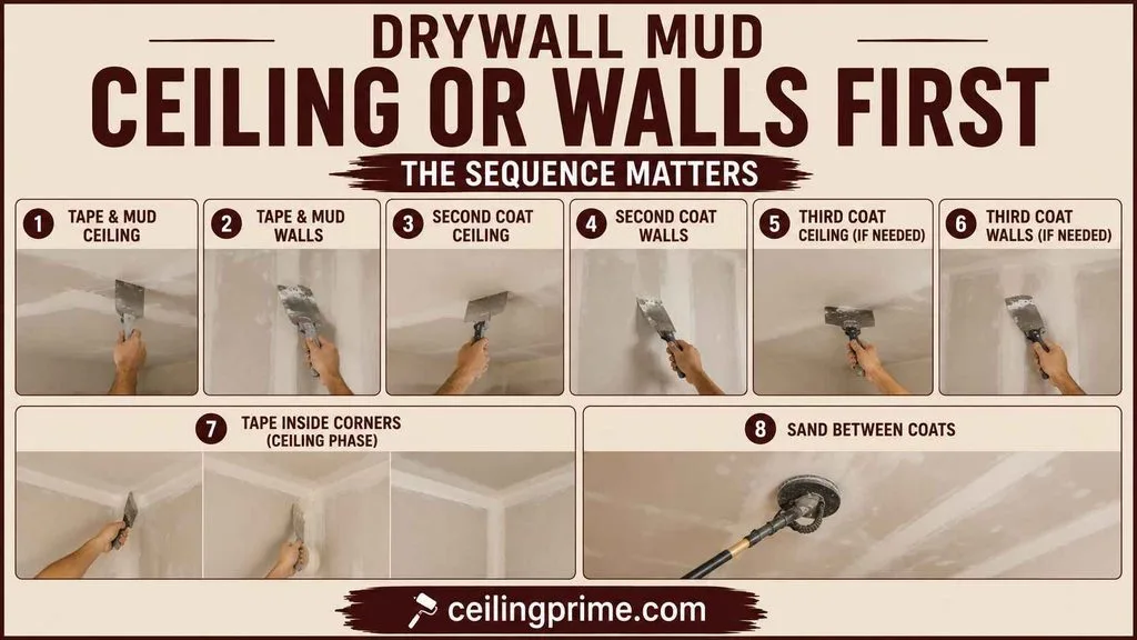 Follow the proper mudding sequence after choosing whether to finish drywall ceiling or walls first.