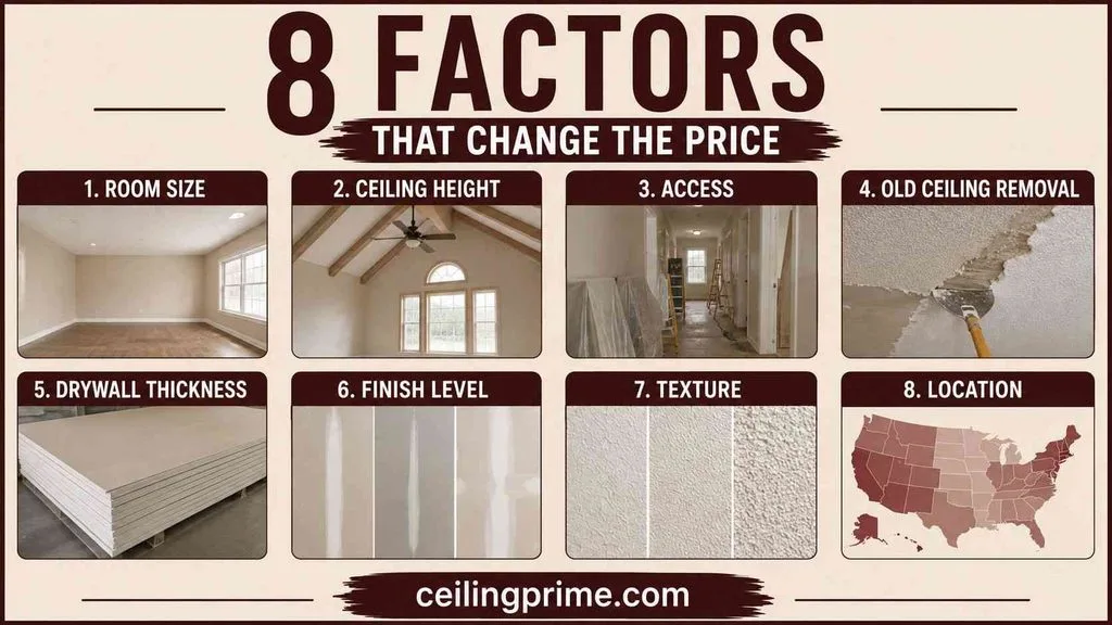 Learn how size, height, and finish impact your total cost to replace ceiling drywall.