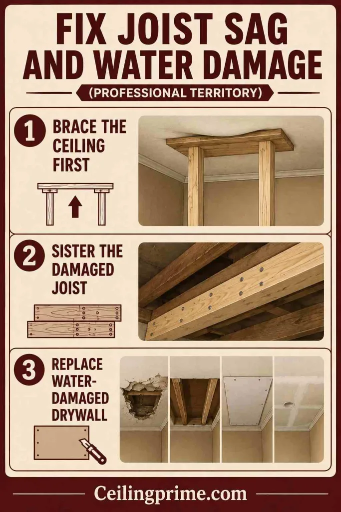 Discover how to fix a sagging ceiling caused by severe structural issues and water damage safely.