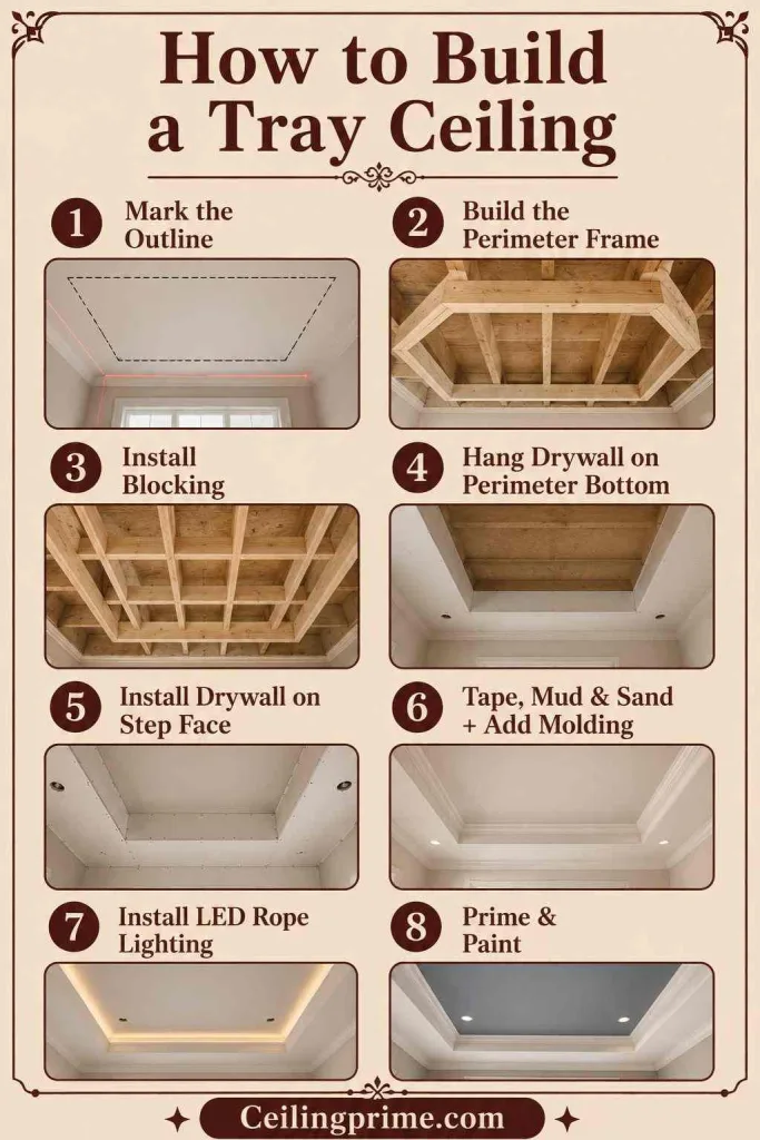 Learn what is a tray ceiling framework by following these eight simple step-by-step DIY steps.