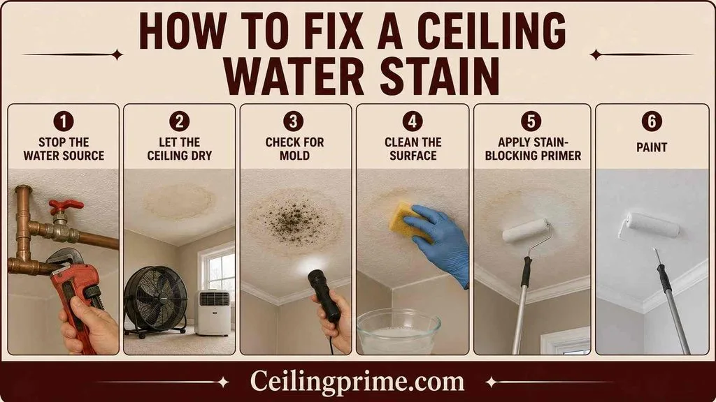 Follow step-by-step instructions to repair, clean, prime, and paint a water stain on ceiling.