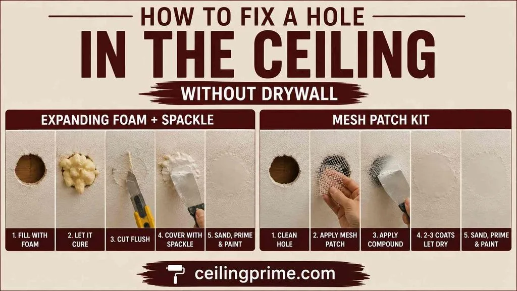 Explore how to repair hole in ceiling surfaces without drywall using expanding foam or mesh.