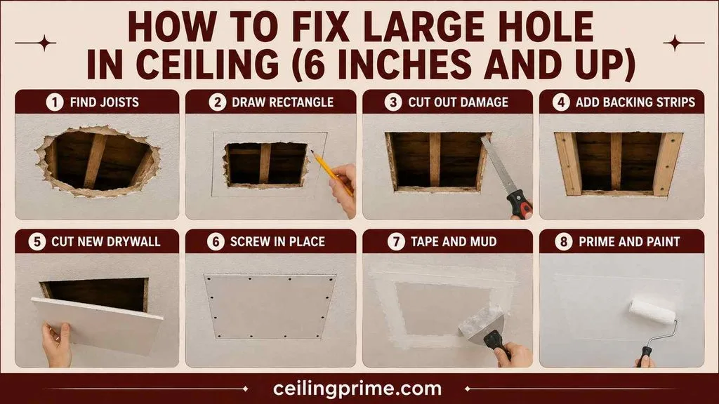 Discover how to repair hole in ceiling areas measuring six inches or larger using drywall.