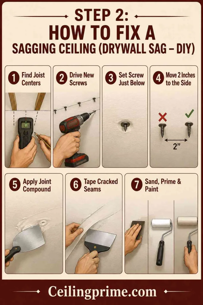 Follow these easy DIY steps detailing how to fix a sagging ceiling made of drywall.