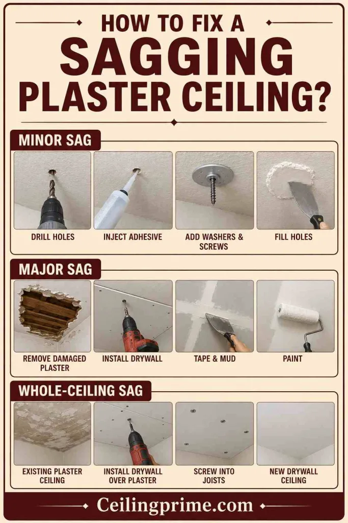 Learn how to fix a sagging ceiling made of plaster using simple repair and reinforcement techniques.