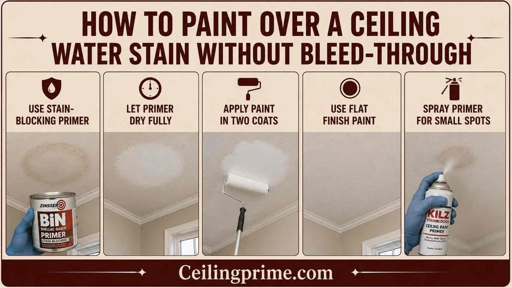 Learn how to prime and paint to cover a water stain on ceiling without bleed-through.