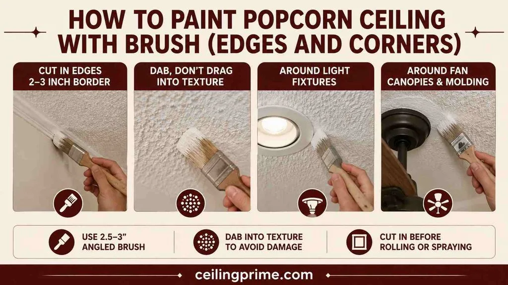 Understand how to paint popcorn ceiling edges and corners cleanly using an angled trim brush.