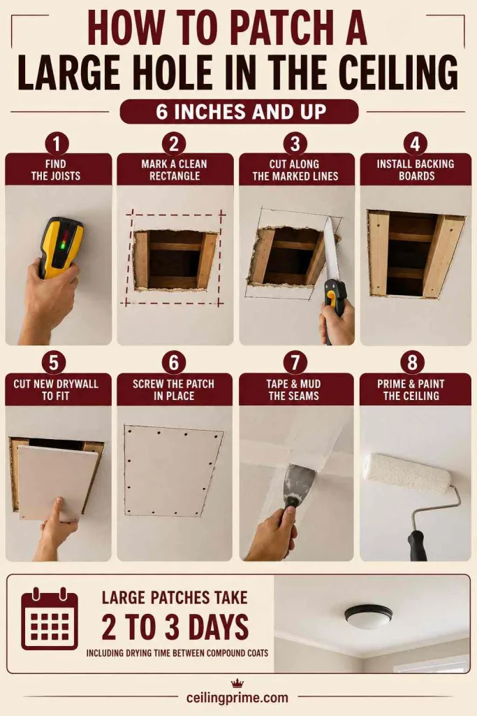Discover how to patch a hole in the ceiling over six inches using wooden backing.