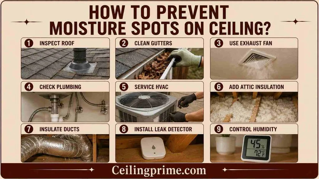 Implement essential preventative home maintenance to avoid developing recurring moisture spots on ceiling panels.