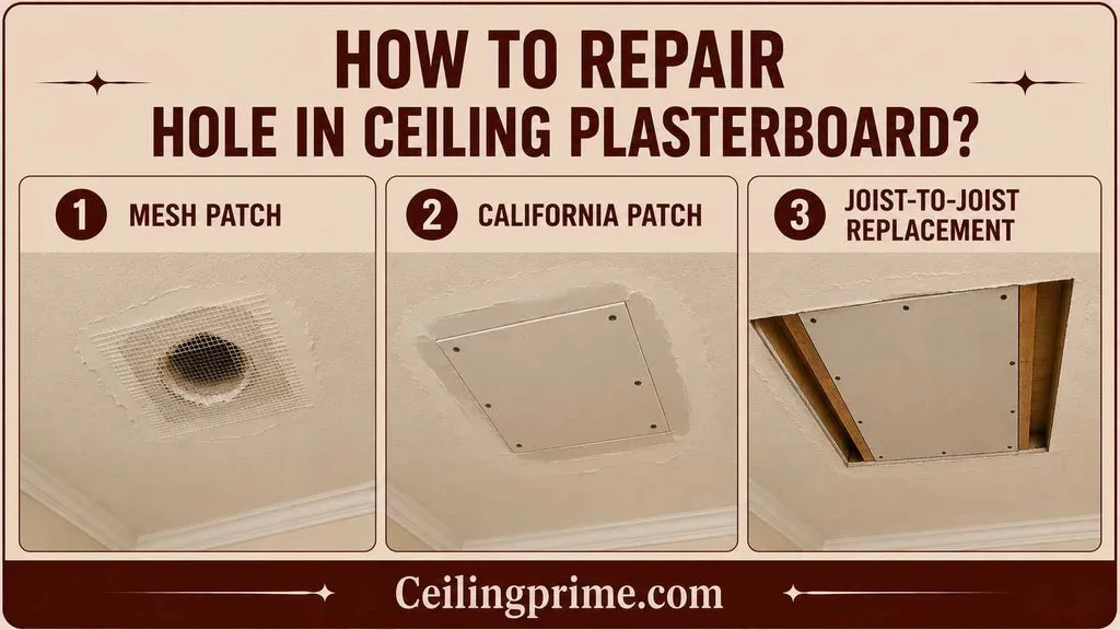 Master how to repair hole in ceiling plasterboard with mesh, California patches, or joist supports.