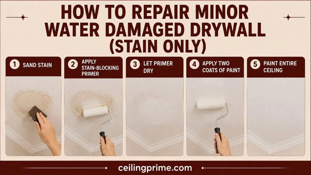 Learn how to repair drywall ceiling water damage stains using sander, primer, and paint.