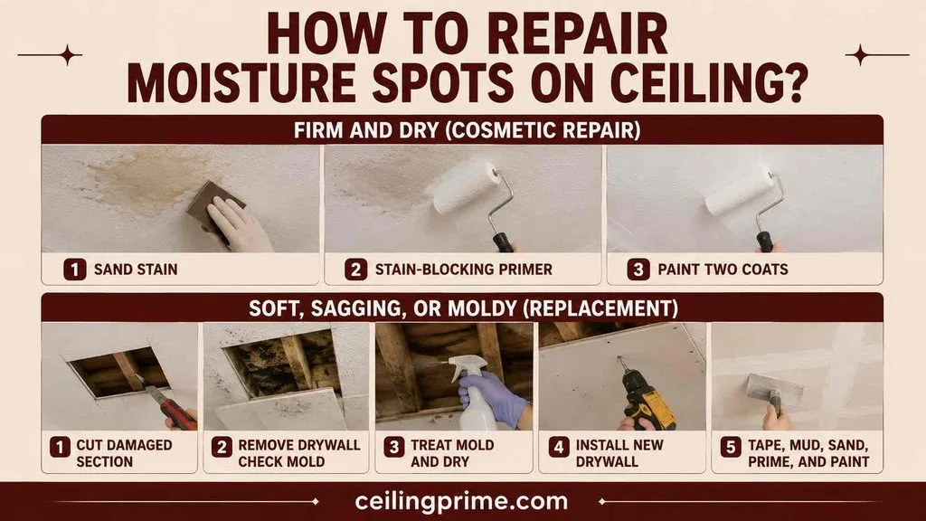 Learn proper methods for repairing or replacing drywall damaged by moisture spots on ceiling.