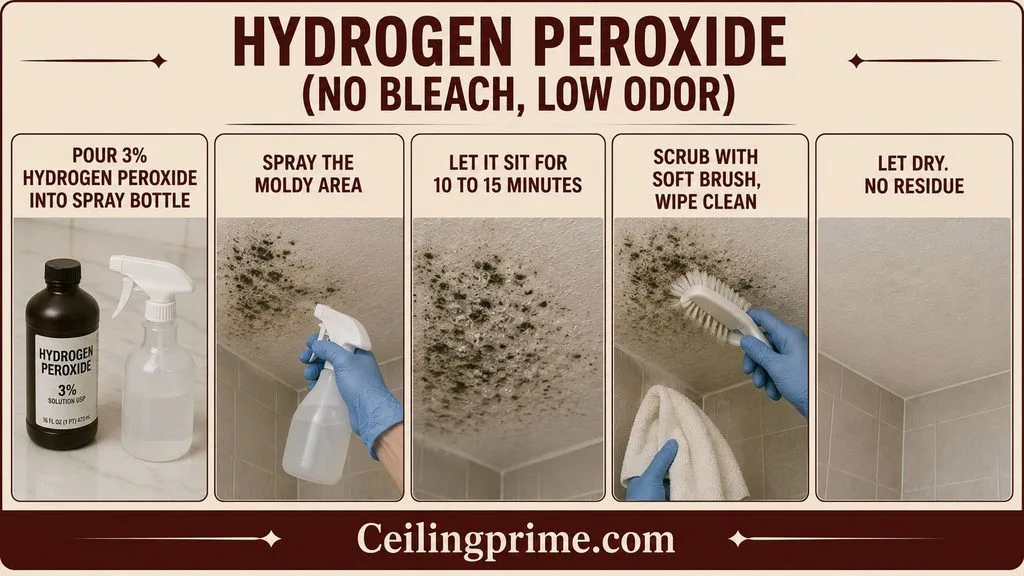 Discover how to get rid of mold on bathroom ceiling using low-odor hydrogen peroxide.