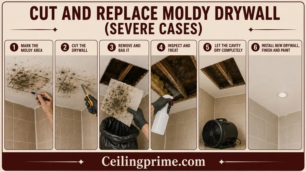 Learn how to get rid of mold on bathroom ceiling by safely replacing damaged drywall.