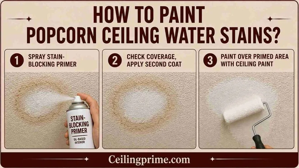 Discover how to paint popcorn ceiling water stains using stain-blocking primer before applying final paint.