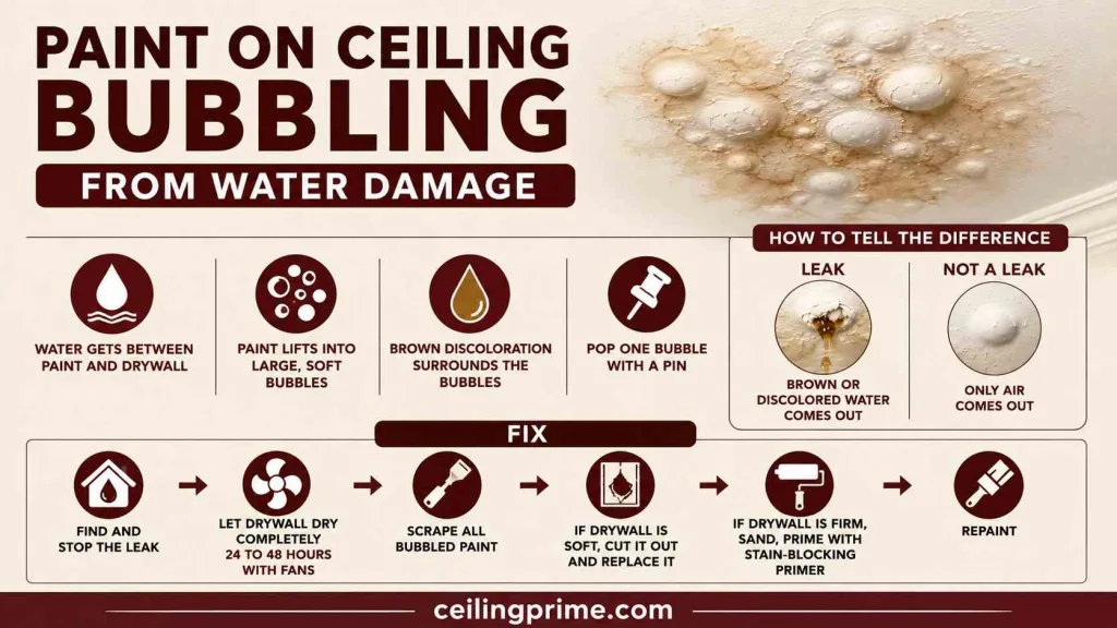 Identify and fix paint on ceiling bubbling caused by leaks.