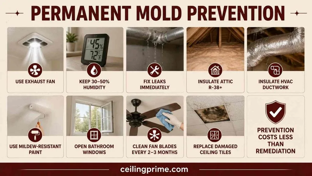 Prevent black mold on ceiling drywall using ventilation, moisture controls, insulation, and prompt leak repairs.