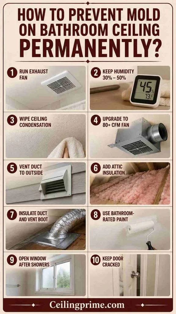 Learn simple, effective strategies to permanently prevent and eliminate mold on bathroom ceiling surface areas.
