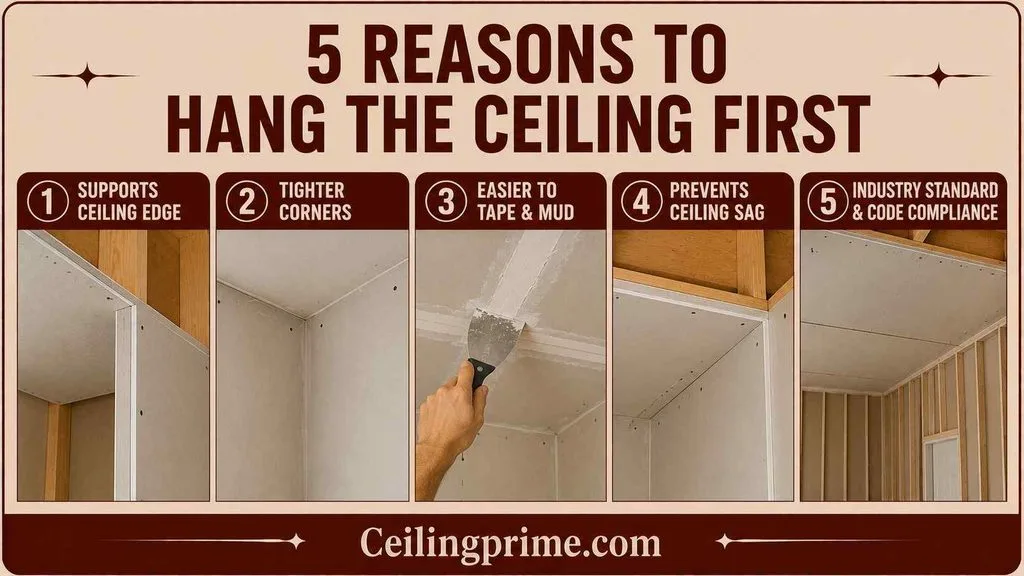 Learn five key construction benefits when deciding to hang drywall ceiling or walls first.