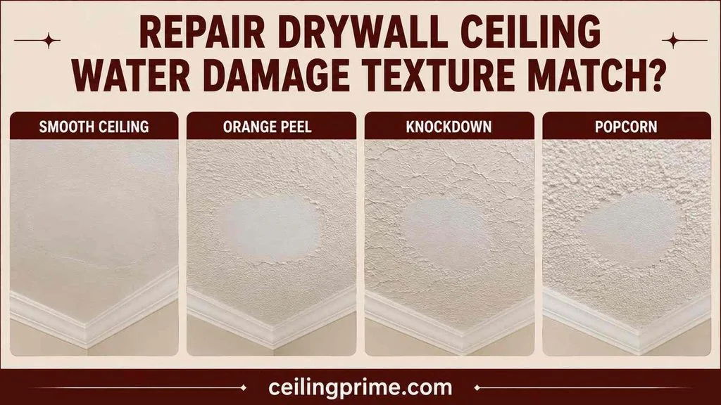 Match finishes seamlessly after you repair drywall ceiling water damage across various ceiling textures.