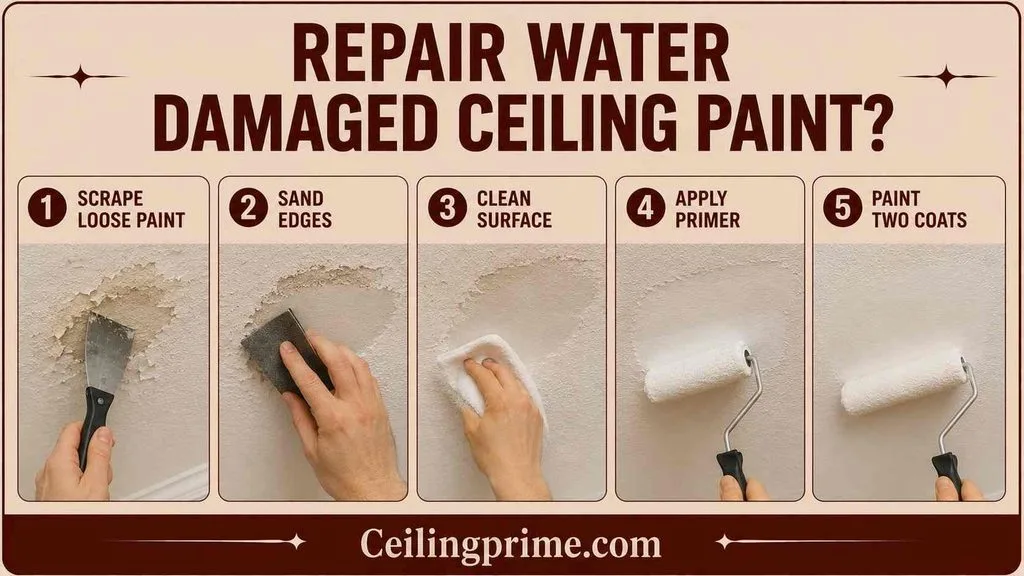 Scrape, sand, and prime properly when you repair drywall ceiling water damage paint issues.