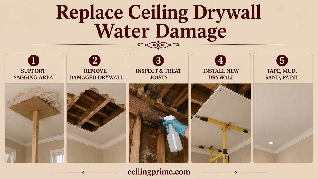 Follow these step-by-step restoration guidelines to replace and fix drywall water damage ceiling areas properly.