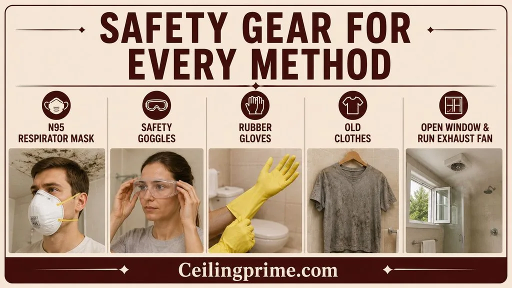 Essential protective gear needed when learning how to get rid of mold on bathroom ceiling.