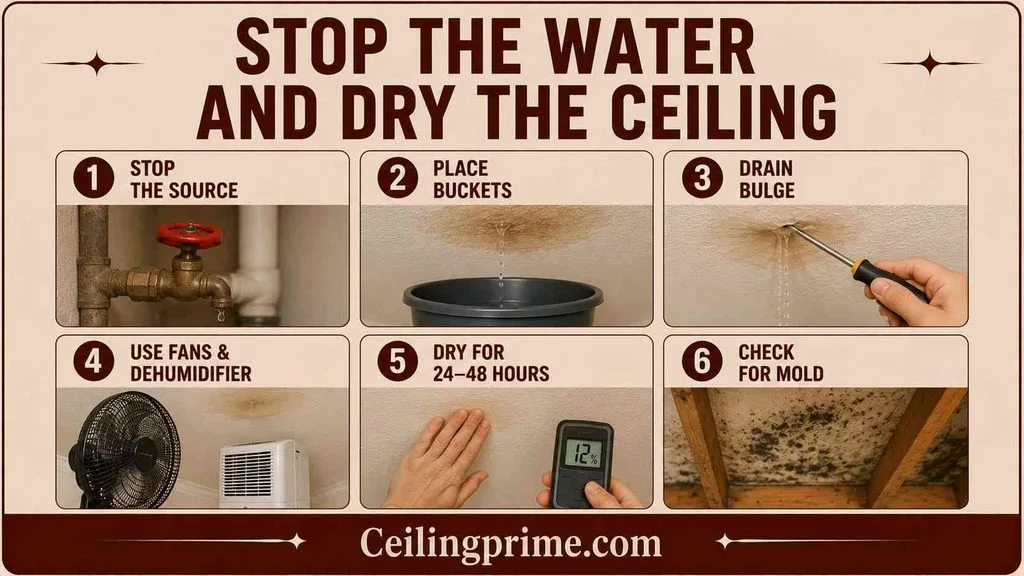 First step to repair drywall ceiling water damage is stopping leaks and thoroughly drying area.