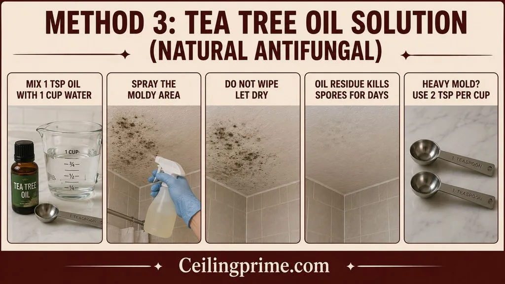 Natural steps showing how to get rid of mold on bathroom ceiling using tea tree oil.