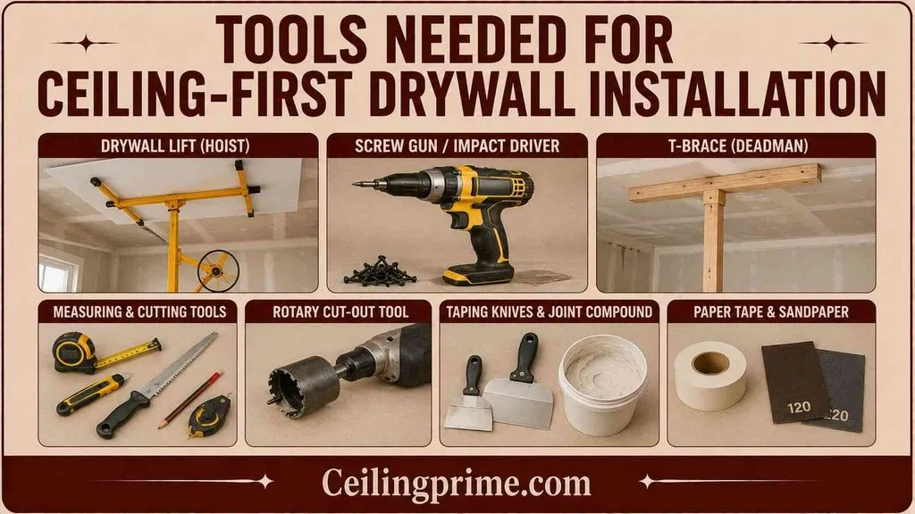 Gather essential project tools before deciding to install your drywall ceiling or walls first.