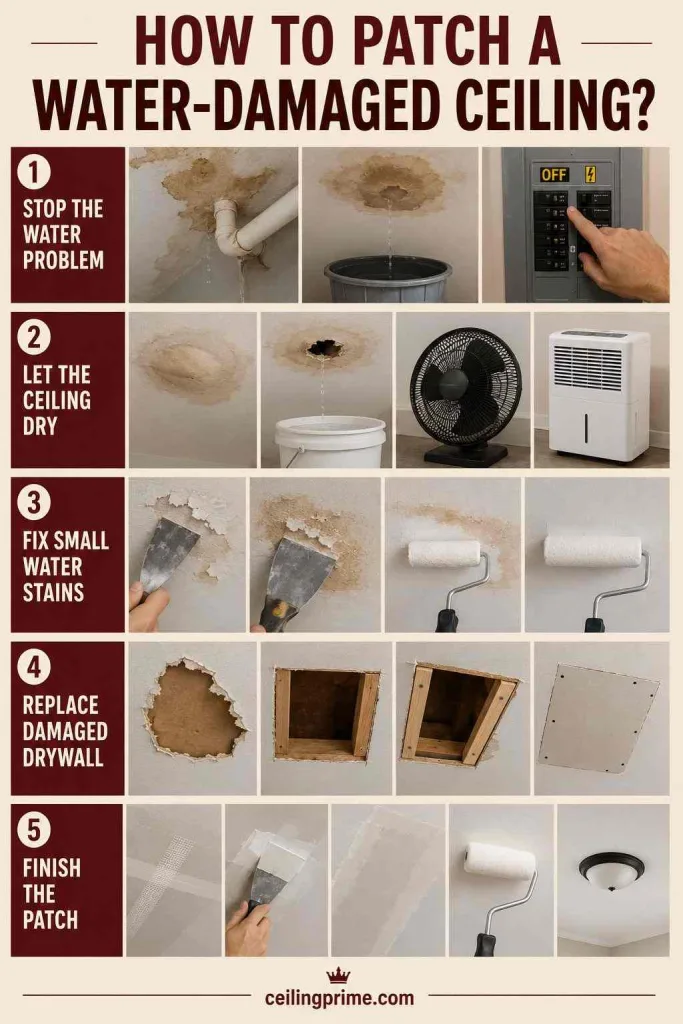 Follow step-by-step instructions on how to patch a hole in the ceiling caused by water.