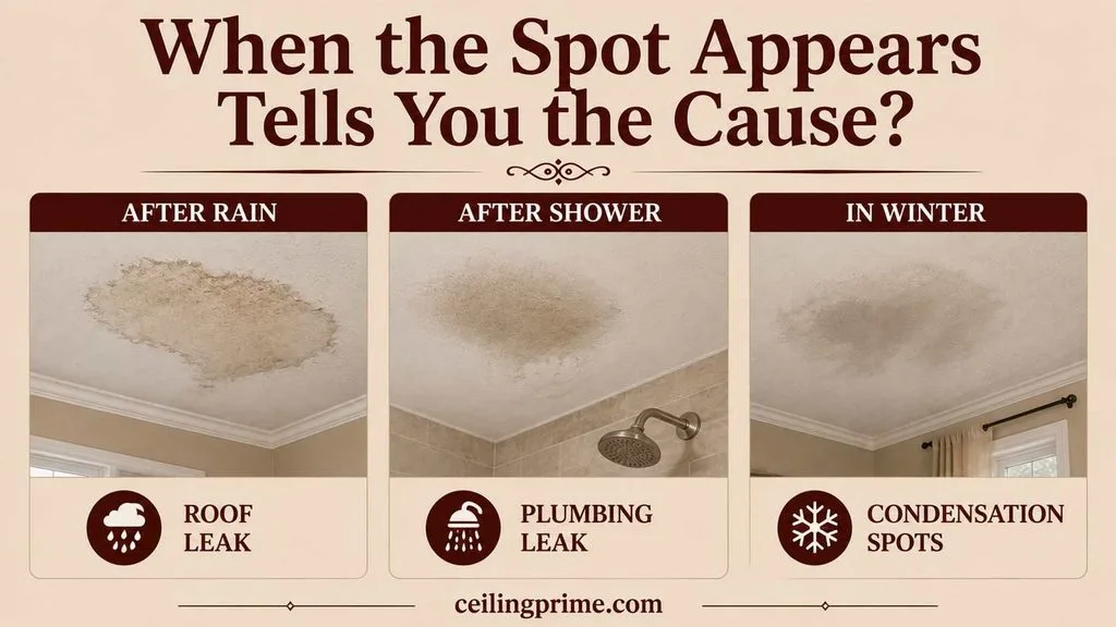 Timing reveals the root problem when developing unexpected moisture spots on ceiling drywall areas.