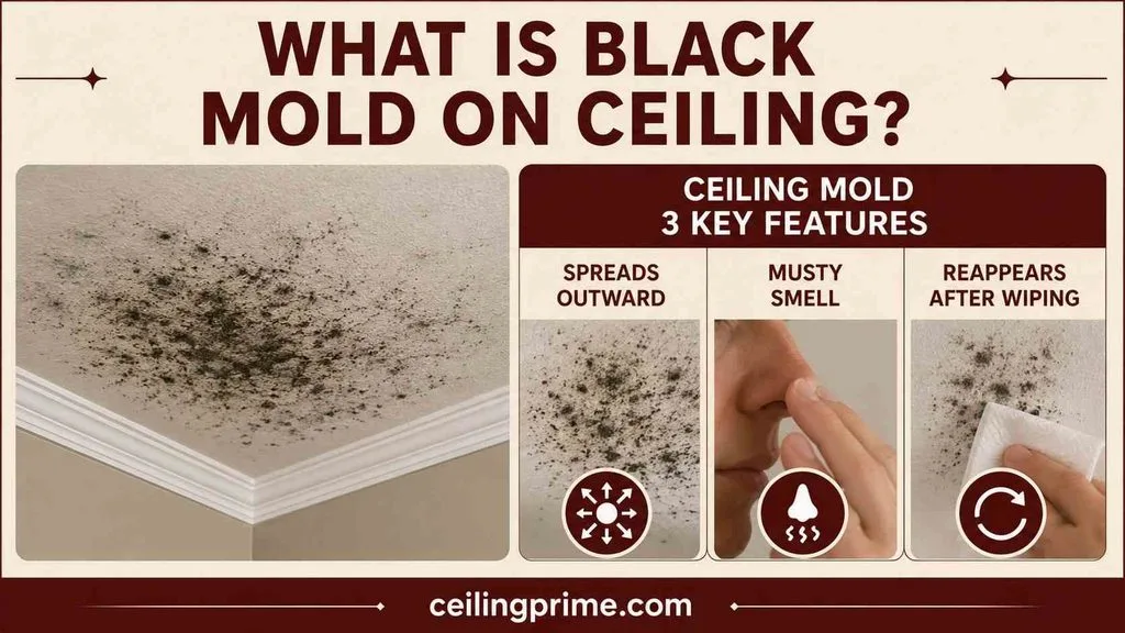 Identify black mold on ceiling areas by its outward spread, musty odor, and persistent growth.